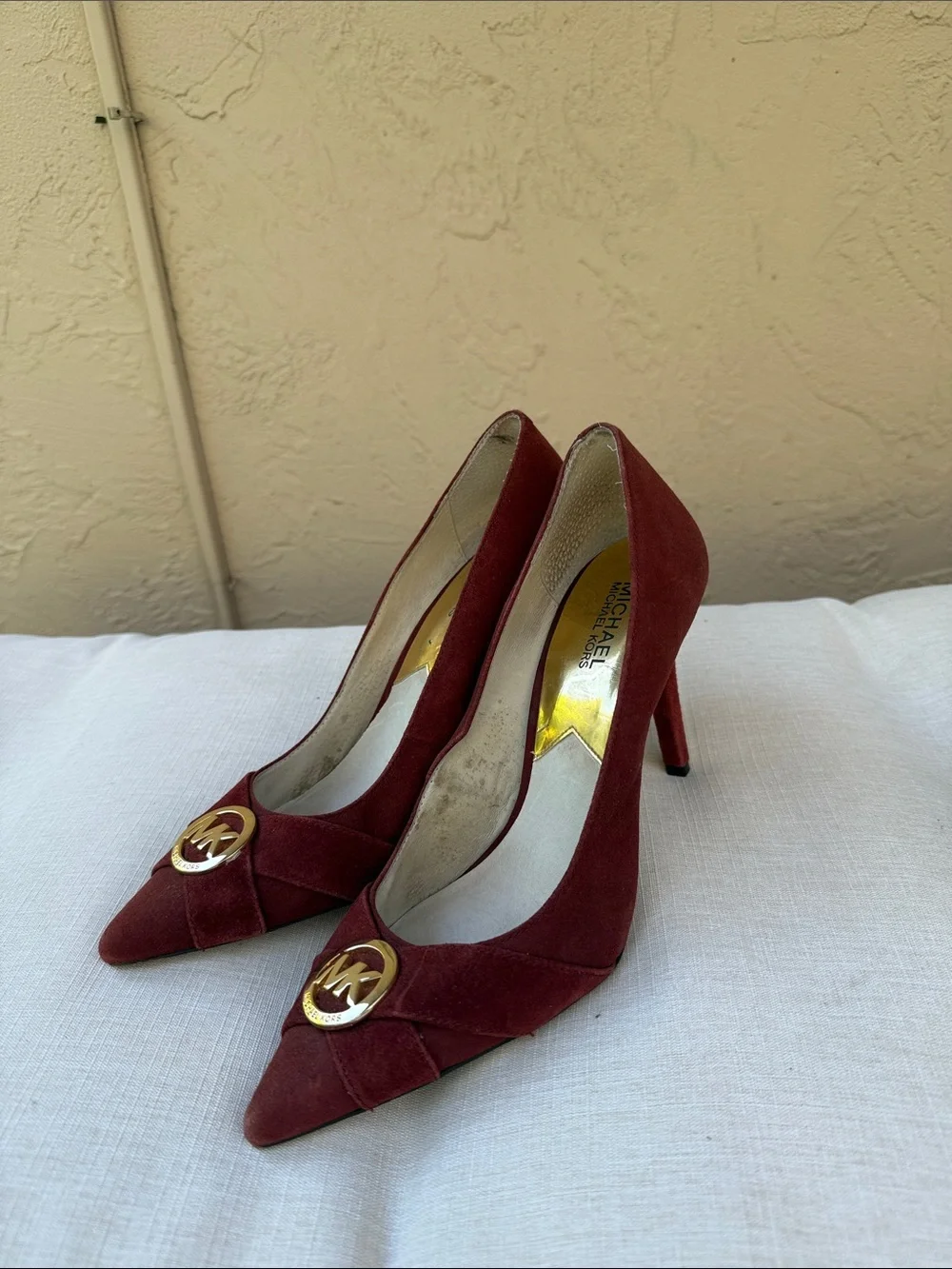 Michael Kors Wine Suede Pointed Toe Heels with Gold MK Accent